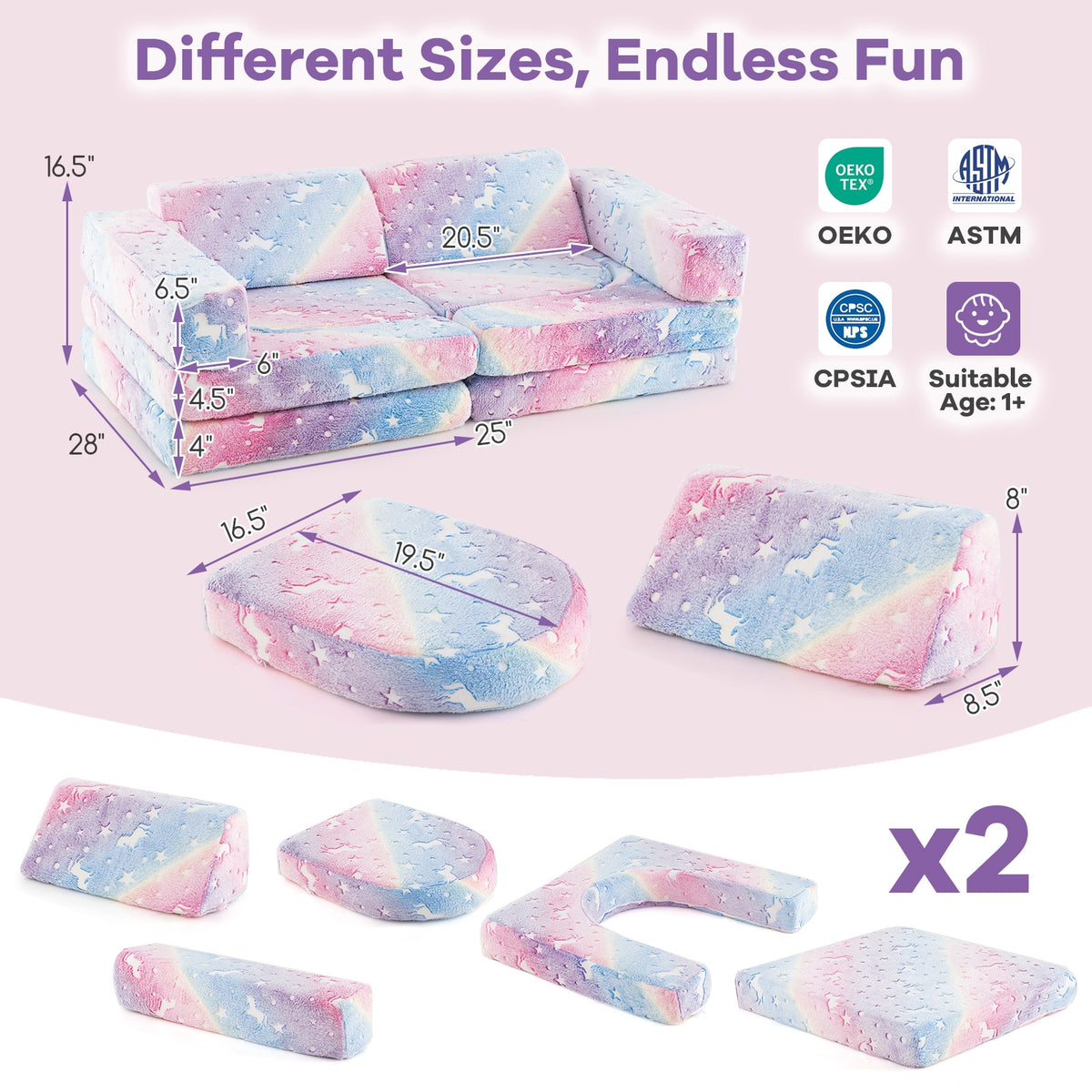 10 Pieces Modular Kids Play Couch, Sectional Sofa, Glow In The Dark, Multicolor Kids Chairs & Seating at Gallery Canada