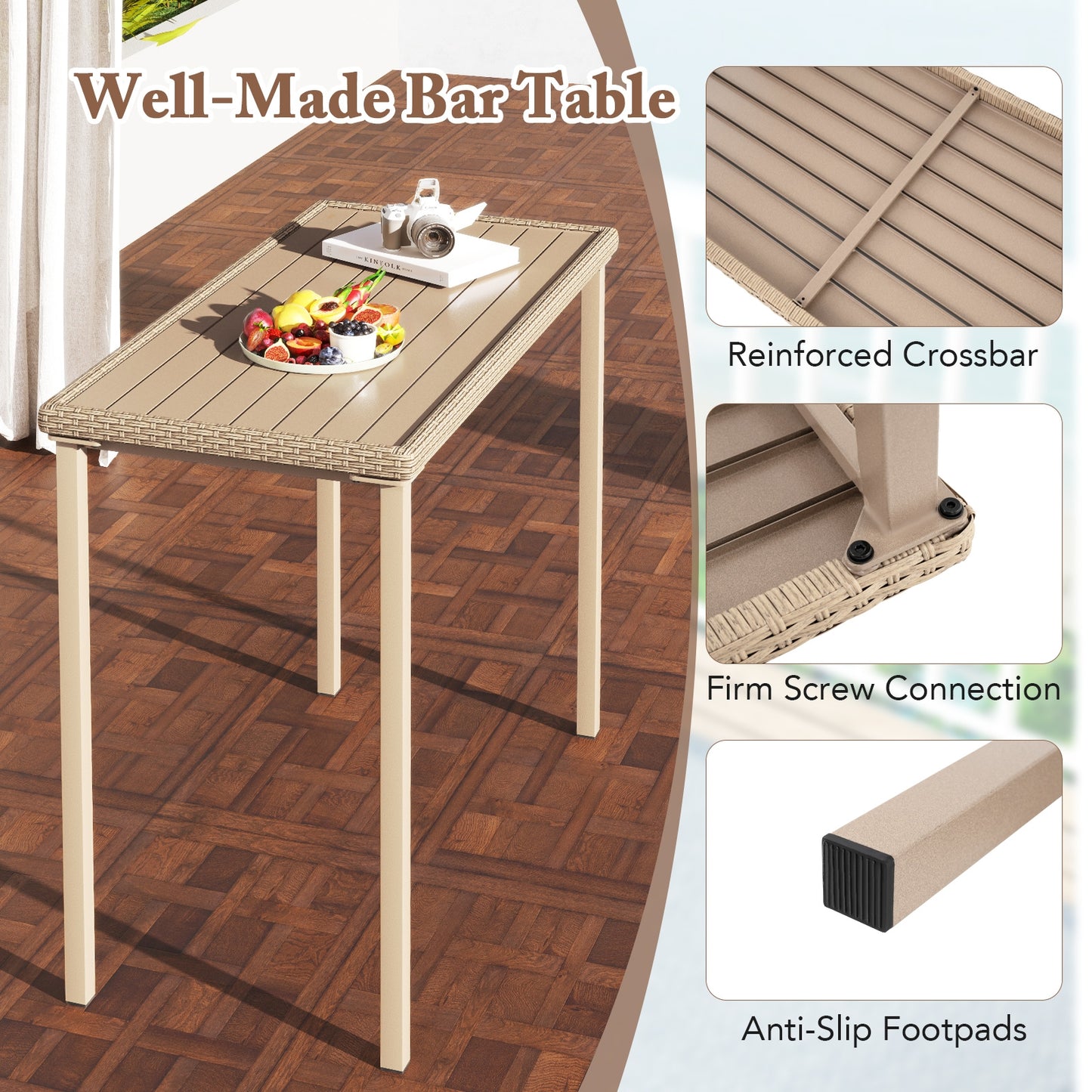 Outdoor Patio Bar Table, Heavy Duty Rectangle Metal Frame, Light Brown Patio Coffee Tables at Gallery Canada