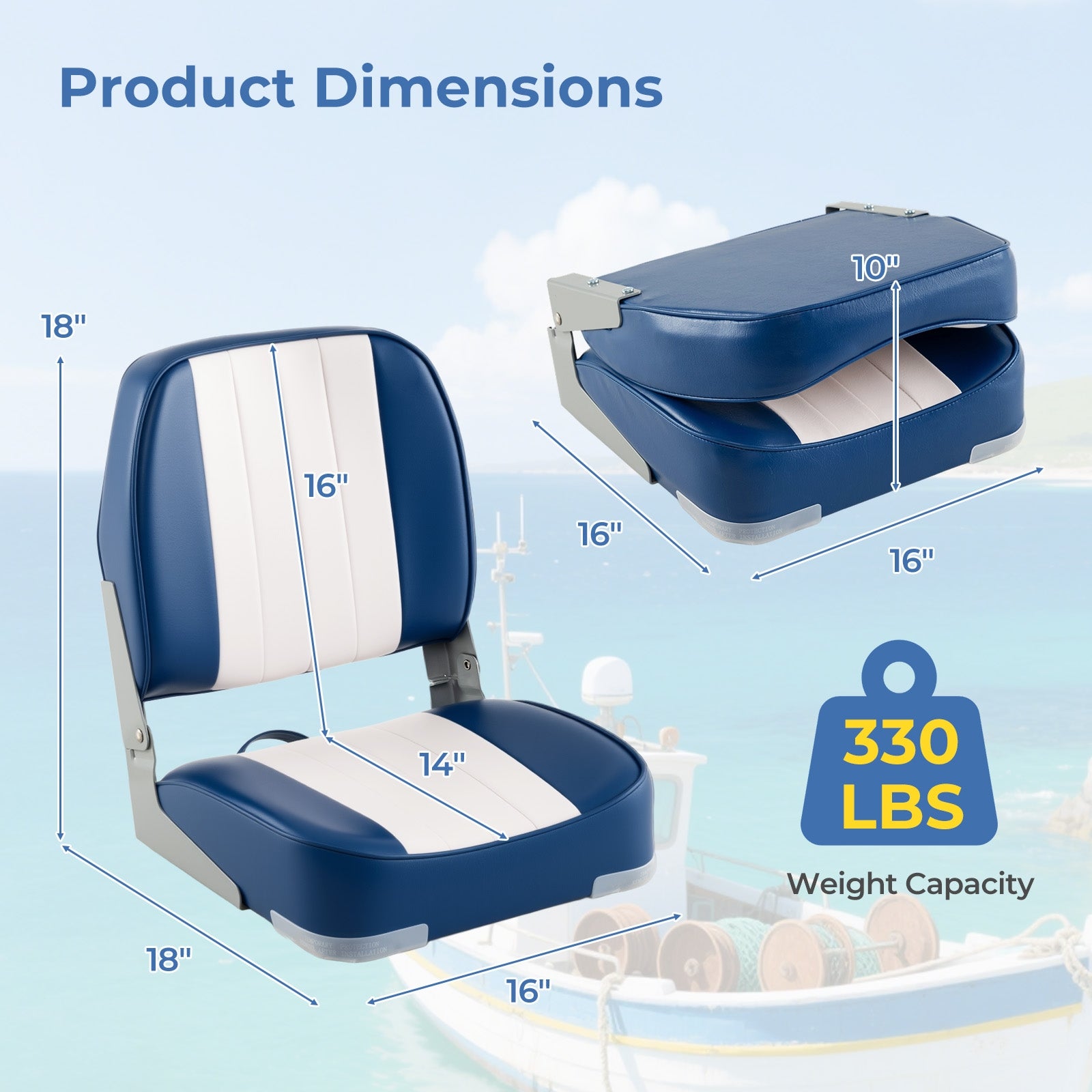 2-Pack Folding Low Back Boat Seats, Waterproof PVC Leather, Blue Surfing at Gallery Canada