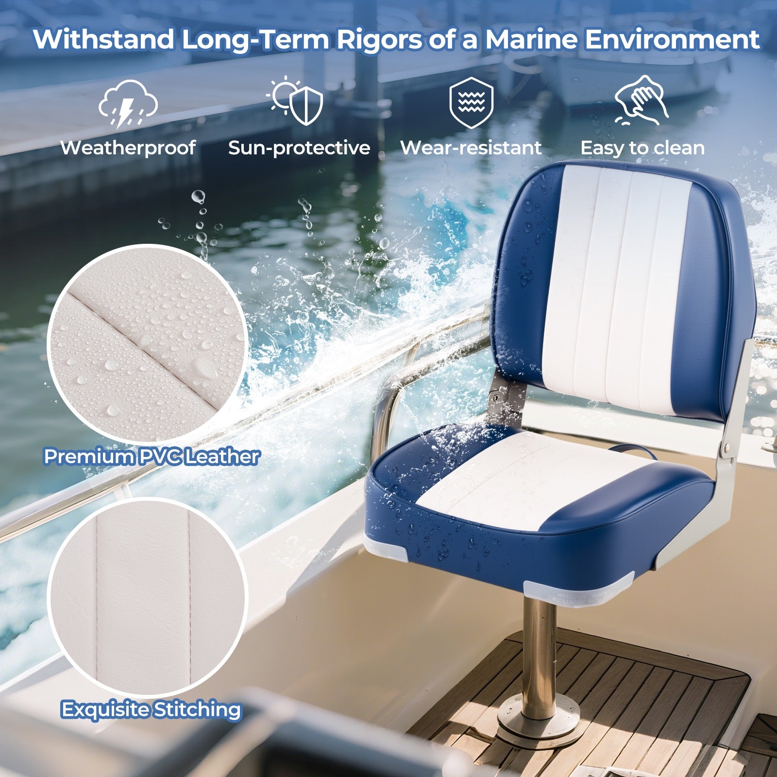 2-Pack Folding Low Back Boat Seats, Waterproof PVC Leather, Blue Surfing at Gallery Canada