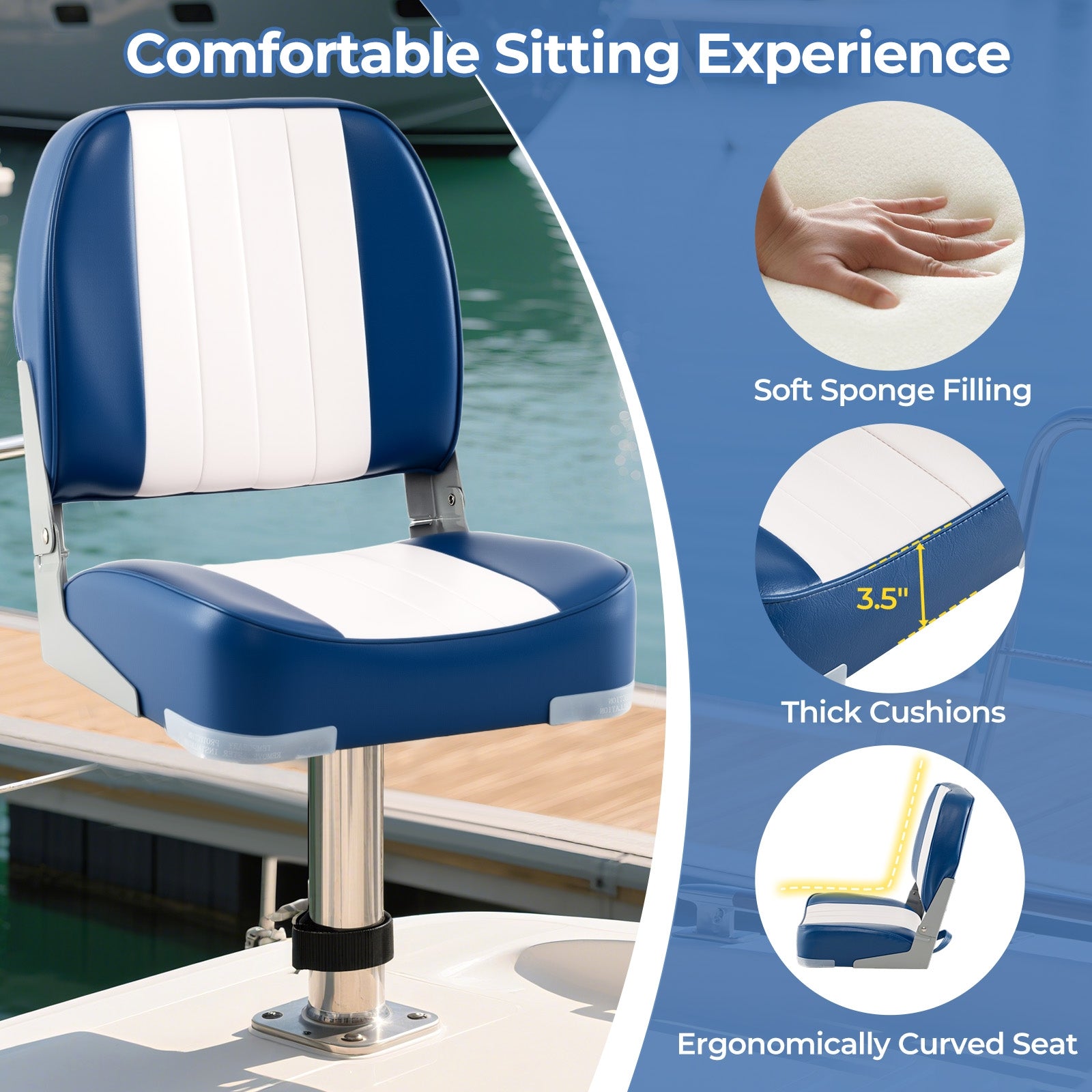 2-Pack Folding Low Back Boat Seats, Waterproof PVC Leather, Blue Surfing at Gallery Canada