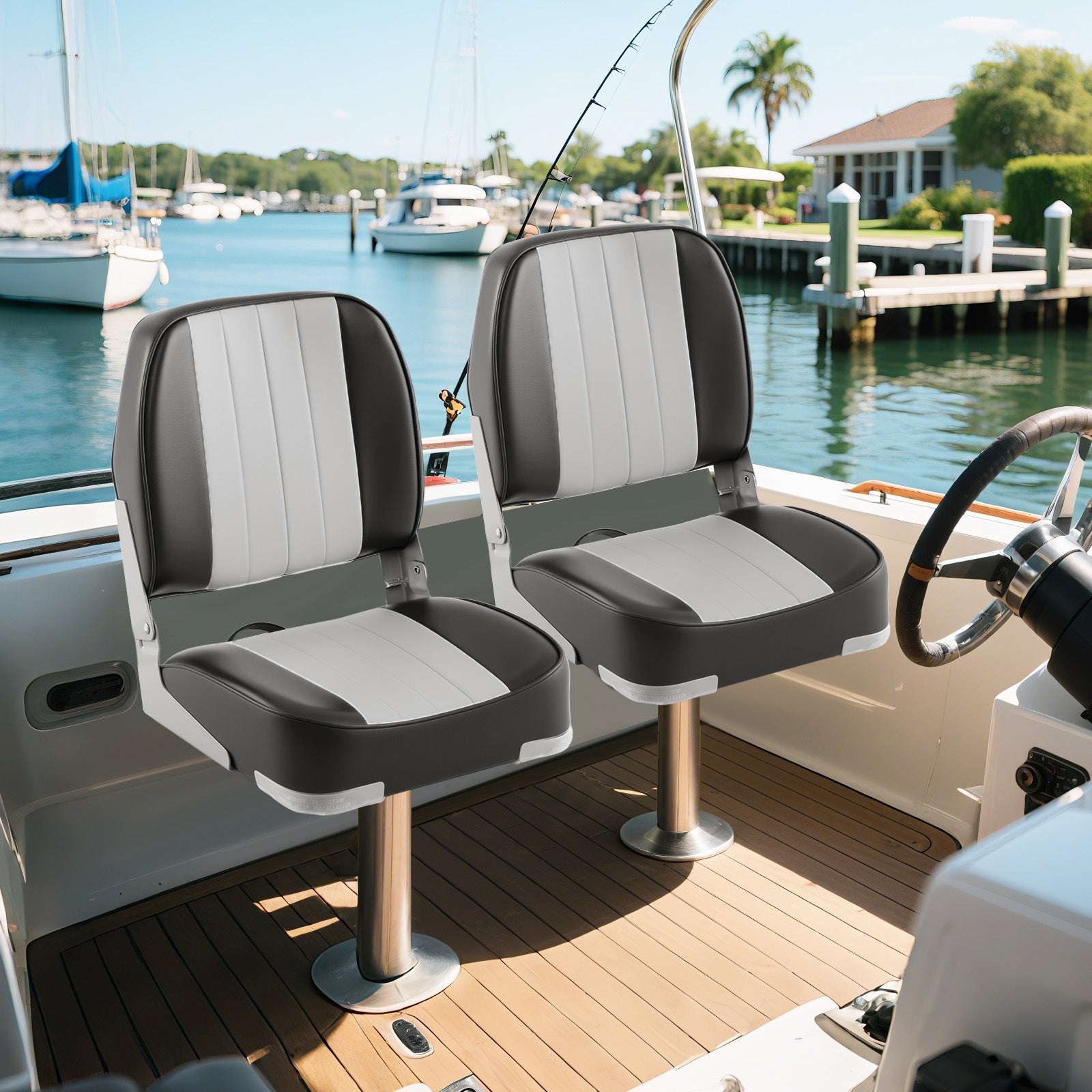 2-Pack Folding Low Back Boat Seats, Waterproof PVC Leather, Gray Surfing at Gallery Canada
