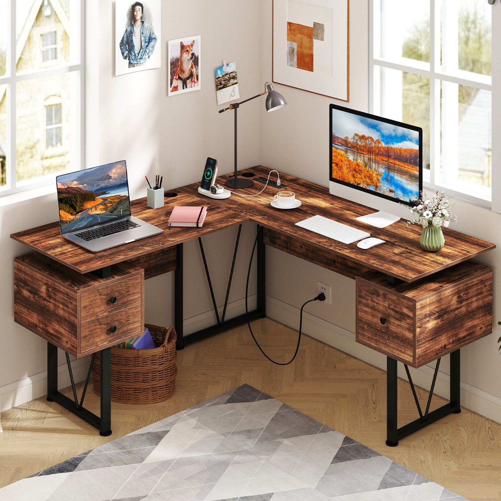 L-Shaped Computer Desk, 3 Storage Drawers, Power Outlets, Rustic Brown Computer Desks at Gallery Canada