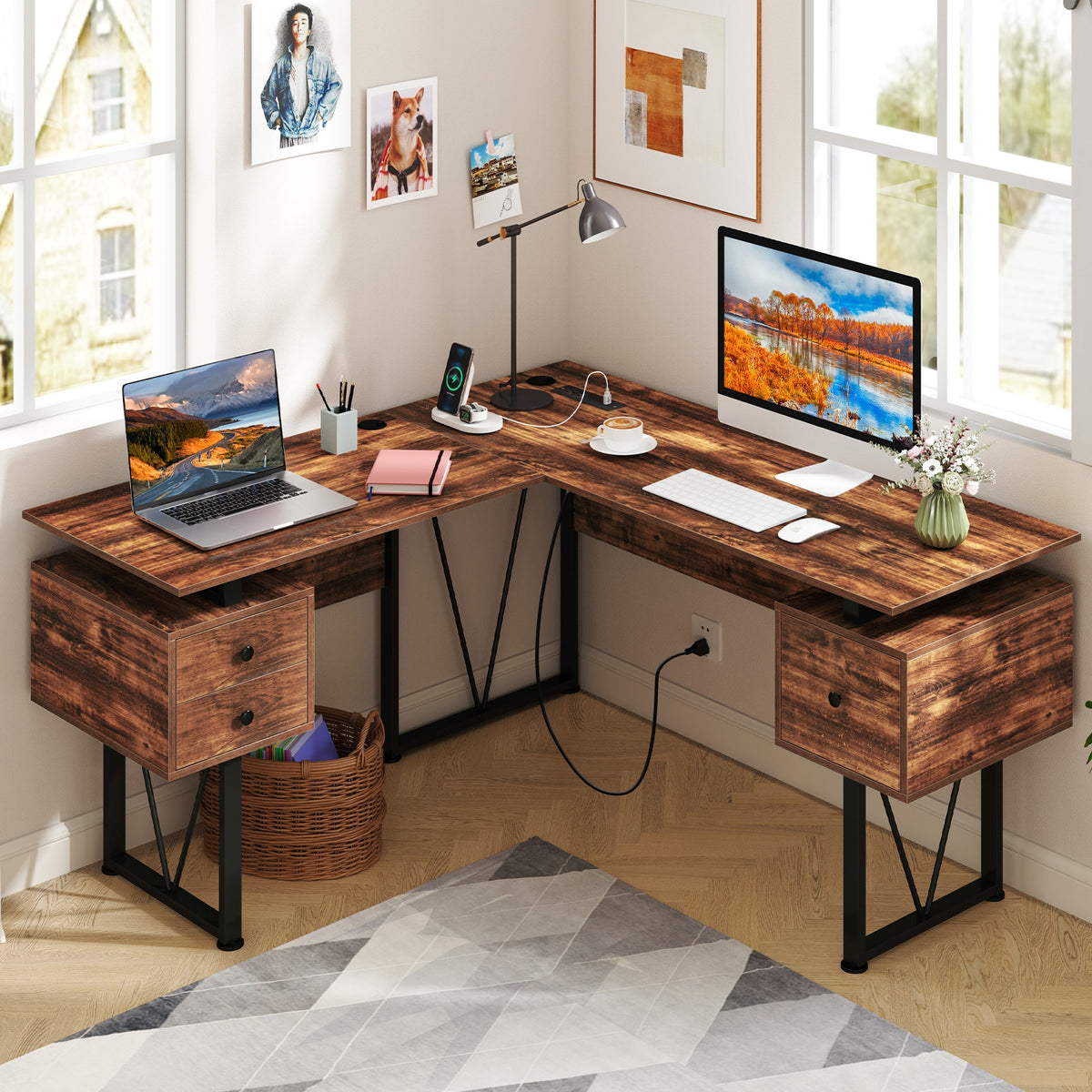L-Shaped Computer Desk, 3 Storage Drawers, Power Outlets, Rustic Brown Computer Desks at Gallery Canada
