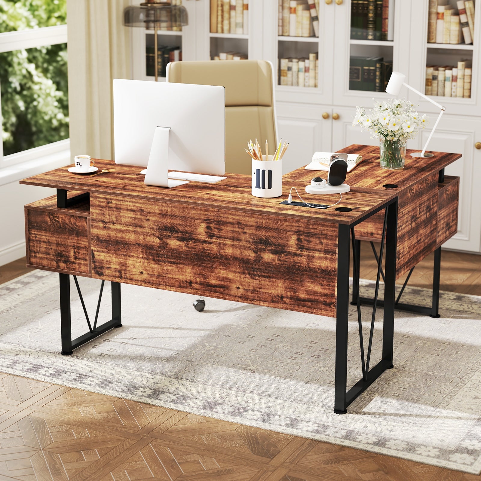 L-Shaped Computer Desk, 3 Storage Drawers, Power Outlets, Rustic Brown Computer Desks at Gallery Canada