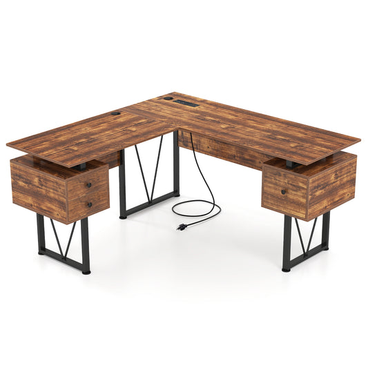L-Shaped Computer Desk, 3 Storage Drawers, Power Outlets, Rustic Brown Computer Desks Rustic Brown at Gallery Canada