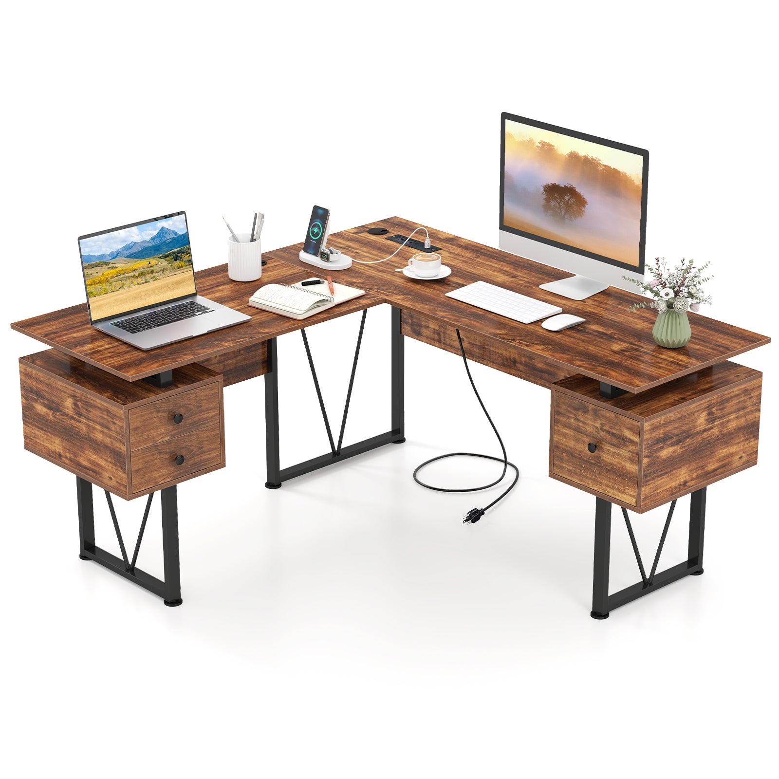 L-Shaped Computer Desk, 3 Storage Drawers, Power Outlets, Rustic Brown Computer Desks at Gallery Canada