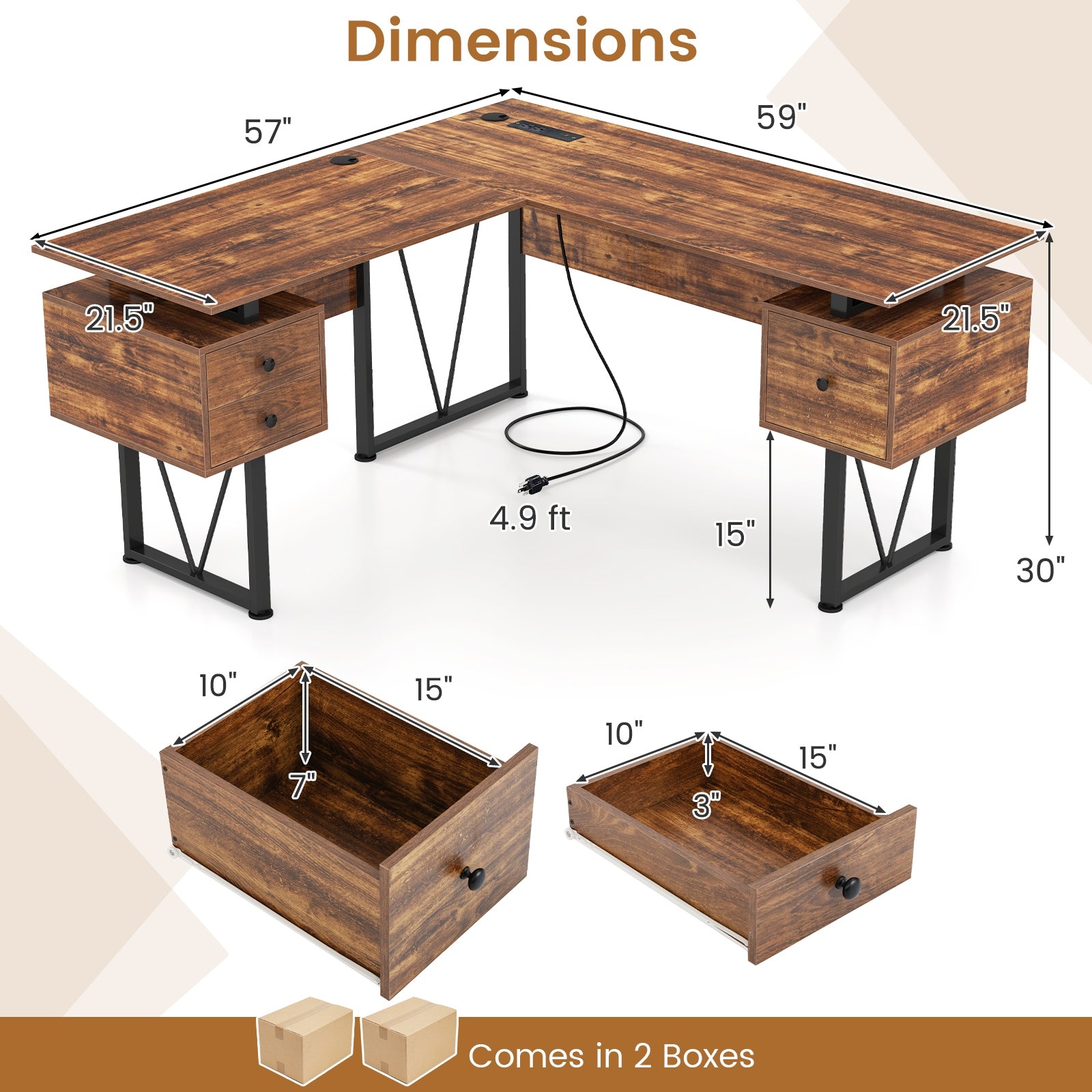 L-Shaped Computer Desk, 3 Storage Drawers, Power Outlets, Rustic Brown Computer Desks at Gallery Canada