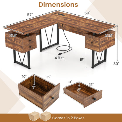 L-Shaped Computer Desk, 3 Storage Drawers, Power Outlets, Rustic Brown Computer Desks at Gallery Canada