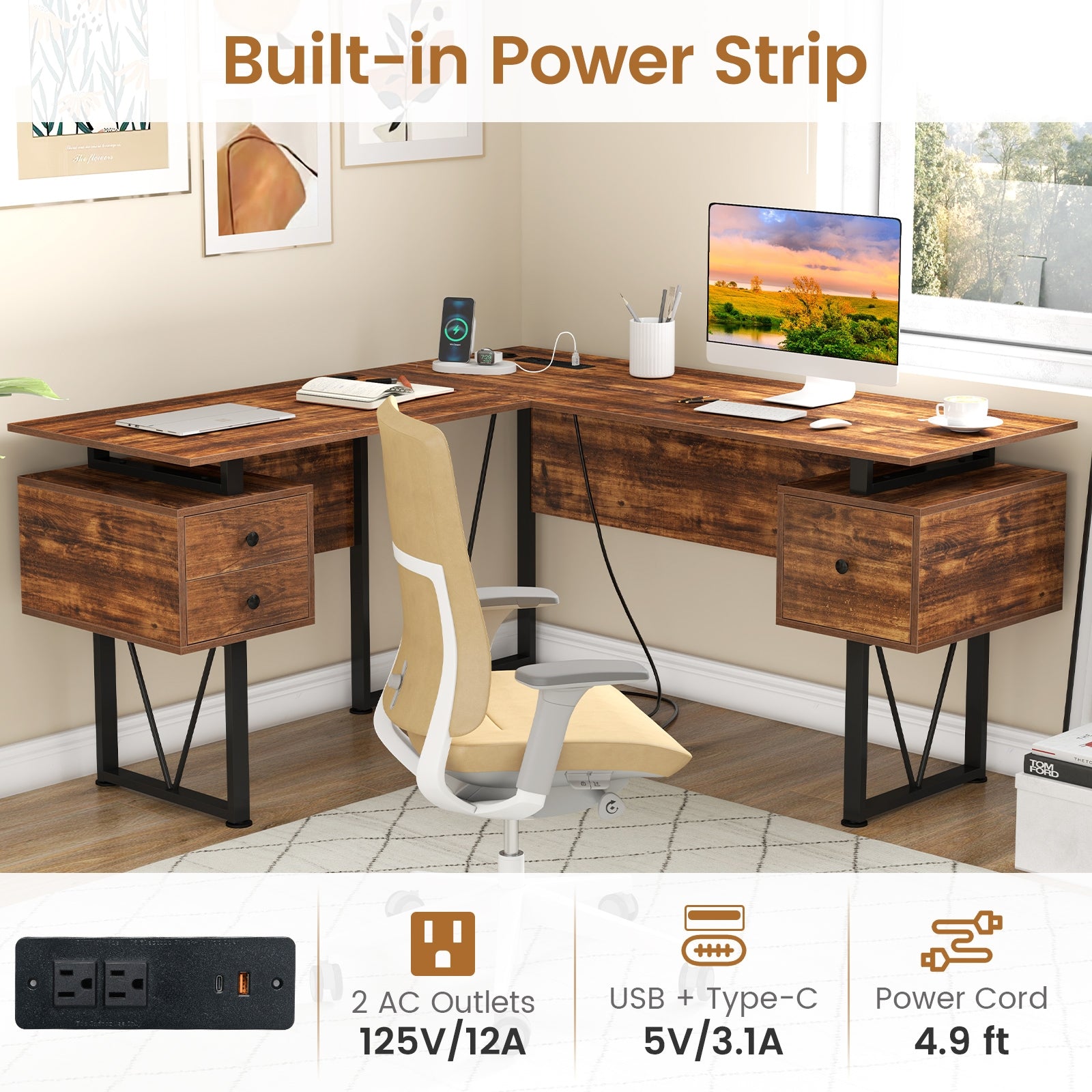 L-Shaped Computer Desk, 3 Storage Drawers, Power Outlets, Rustic Brown Computer Desks at Gallery Canada