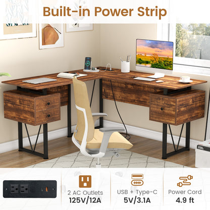 L-Shaped Computer Desk, 3 Storage Drawers, Power Outlets, Rustic Brown Computer Desks at Gallery Canada