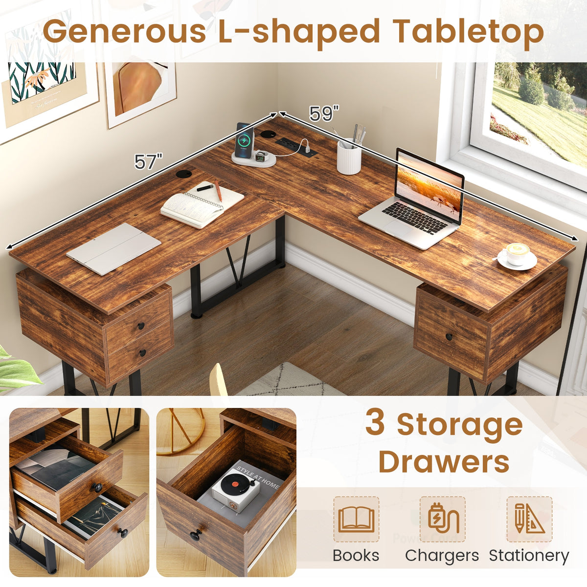 L-Shaped Computer Desk, 3 Storage Drawers, Power Outlets, Rustic Brown Computer Desks at Gallery Canada