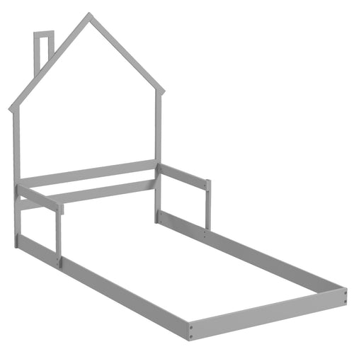 Twin Size Floor Bed, With Chimney, Headboard, Handrail, Gray