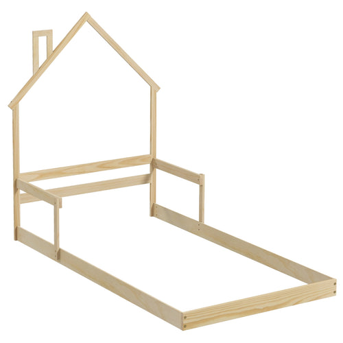 Twin Size Floor Bed, Chimney Headboard Handrail, Natural