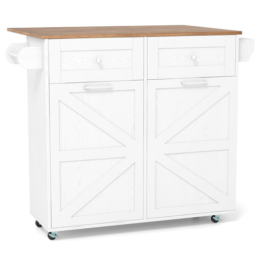 Kitchen Island With Trash Can Cabinet, Rubber Wheels, White Kitchen Islands & Carts White at Gallery Canada