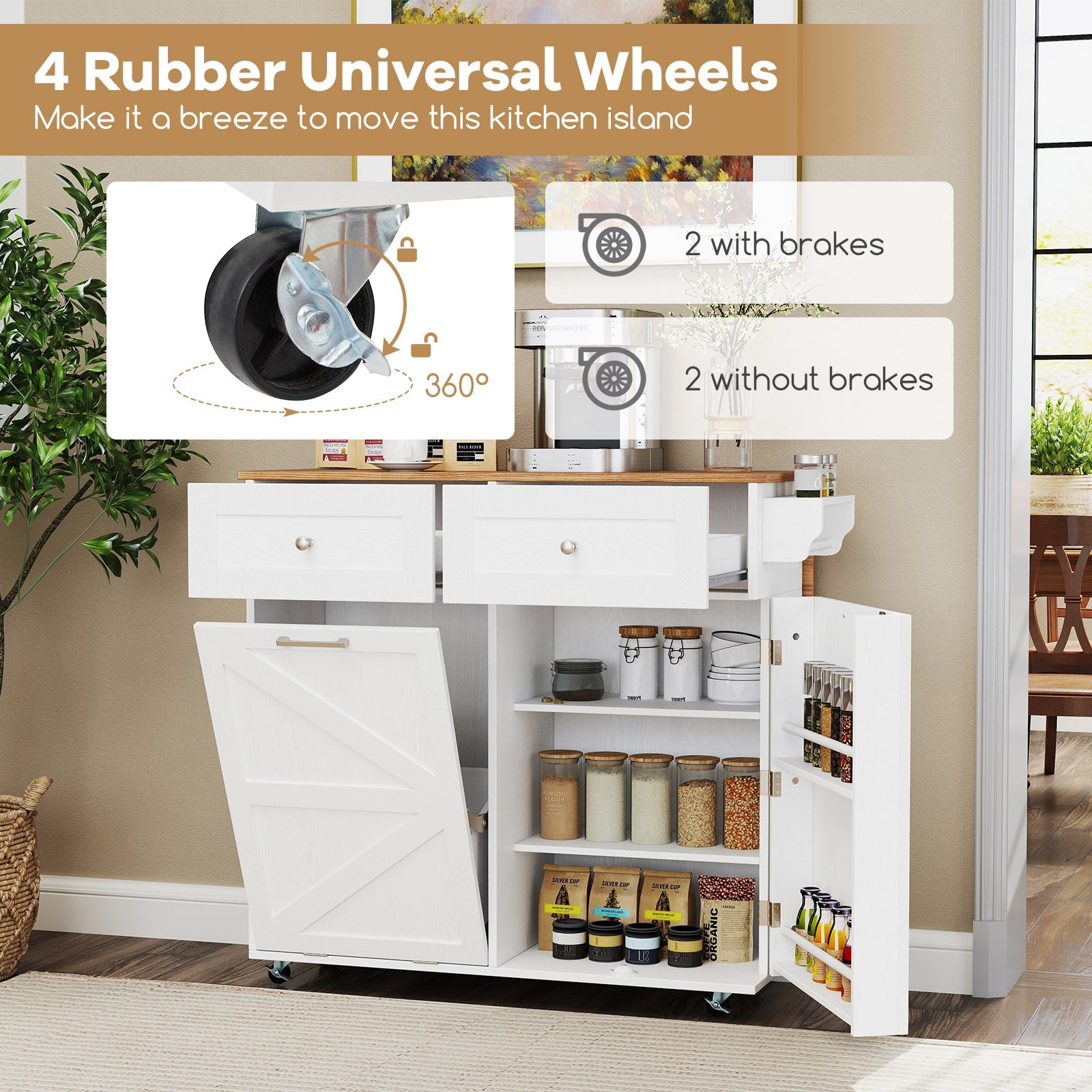 Kitchen Island With Trash Can Cabinet, Rubber Wheels, White Kitchen Islands & Carts at Gallery Canada