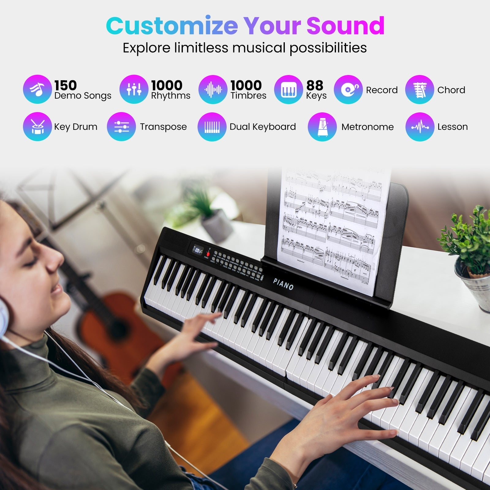 Foldable 88 Key Electric Keyboard Piano, Wireless MIDI, Dual Speakers, White Pianos & Keyboards at Gallery Canada
