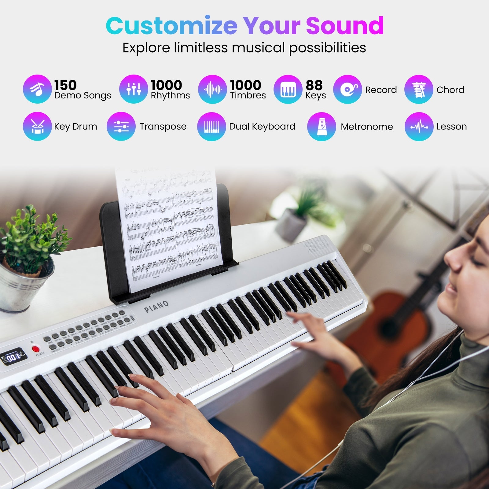 Foldable 88 Key Electric Keyboard Piano, Wireless MIDI, Dual Speakers, White Pianos & Keyboards at Gallery Canada