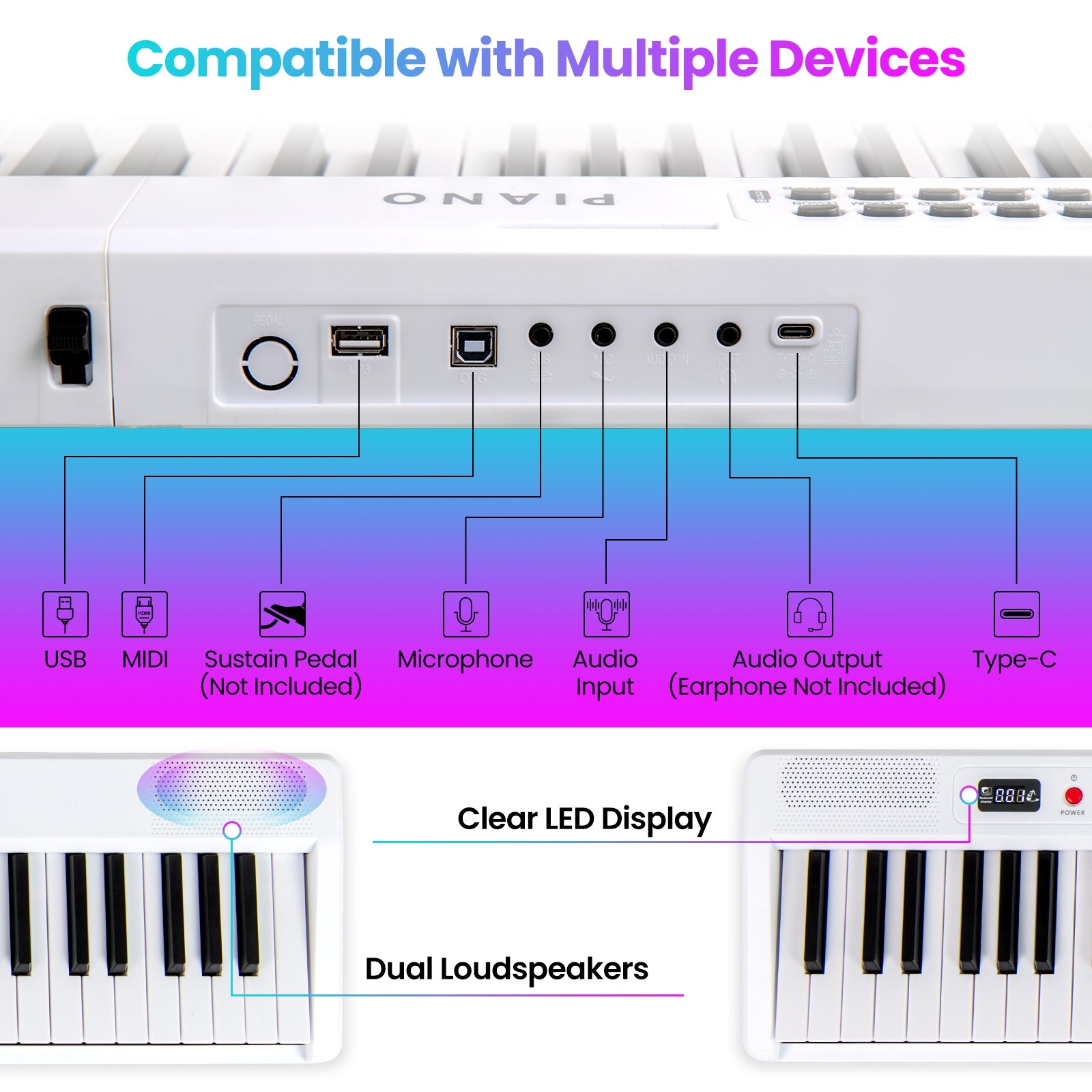 Foldable 88 Key Electric Keyboard Piano, Wireless MIDI, Dual Speakers, White Pianos & Keyboards at Gallery Canada