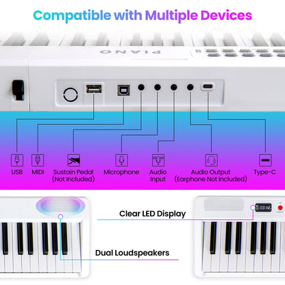 Foldable 88 Key Electric Keyboard Piano, Wireless MIDI, Dual Speakers, White Pianos & Keyboards at Gallery Canada