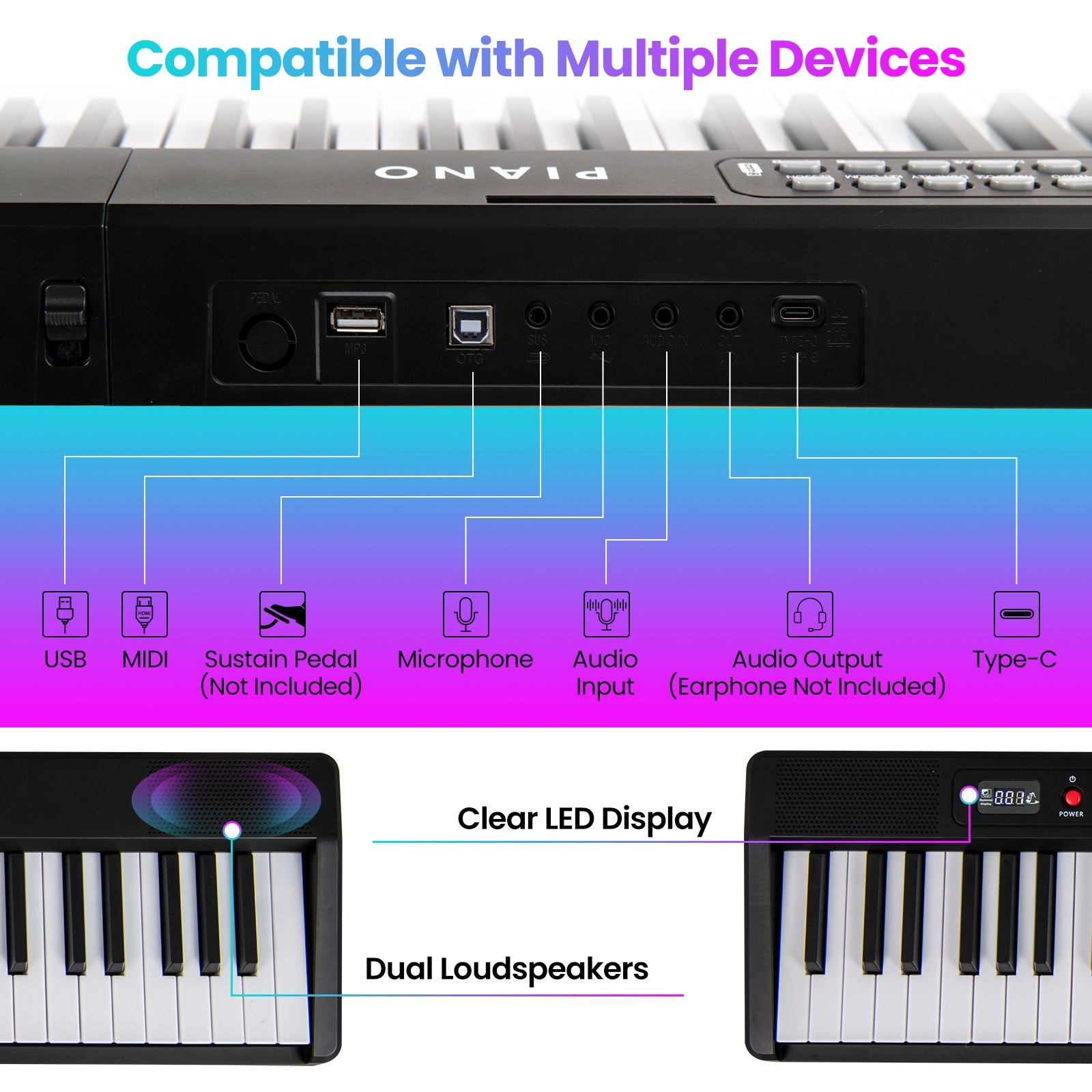 88 Key Foldable Electric Keyboard Piano, Wireless MIDI, Dual Speakers, Black Pianos & Keyboards at Gallery Canada