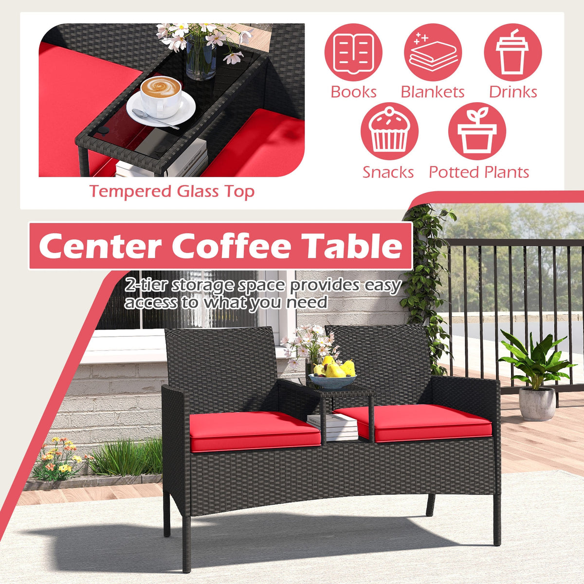 Patio Loveseat With Built-In Table, Red Patio Conversation Sets at Gallery Canada