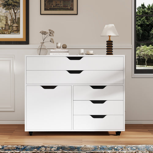 Modern Vertical 5-Drawer Mobile Chest With Door, 5 Casters, White