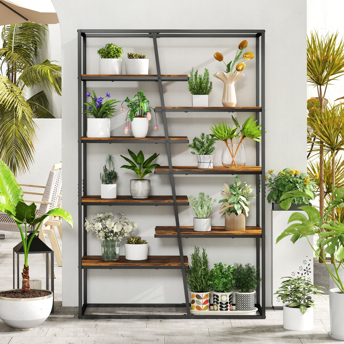 71-Inch 7-Tier Industrial Bookcase, Heavy-Duty Metal Frame, Rustic Brown Bookcases at Gallery Canada