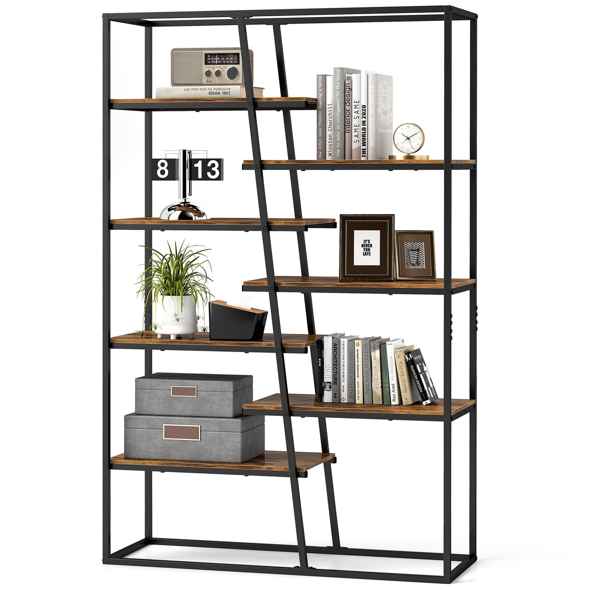 71-Inch 7-Tier Industrial Bookcase, Heavy-Duty Metal Frame, Rustic Brown Bookcases at Gallery Canada