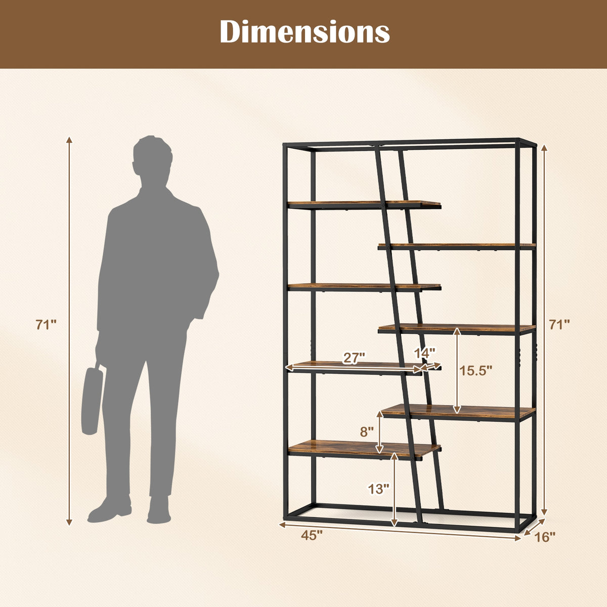 71-Inch 7-Tier Industrial Bookcase, Heavy-Duty Metal Frame, Rustic Brown Bookcases at Gallery Canada