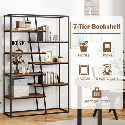 71-Inch 7-Tier Industrial Bookcase, Heavy-Duty Metal Frame, Rustic Brown Bookcases at Gallery Canada