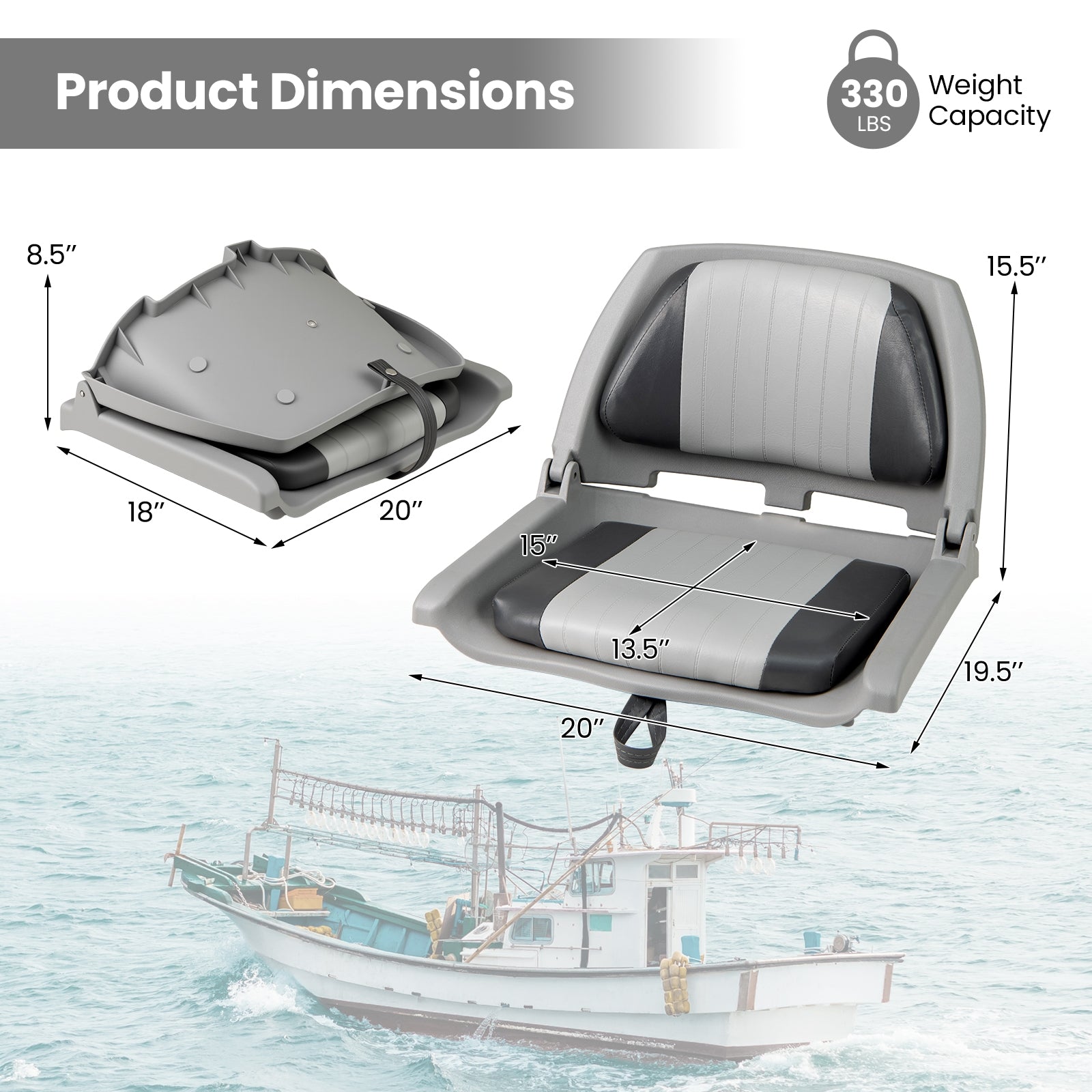 Folding Low Back Boat Seat, Marine-Grade PVC, Gray Water Sports at Gallery Canada