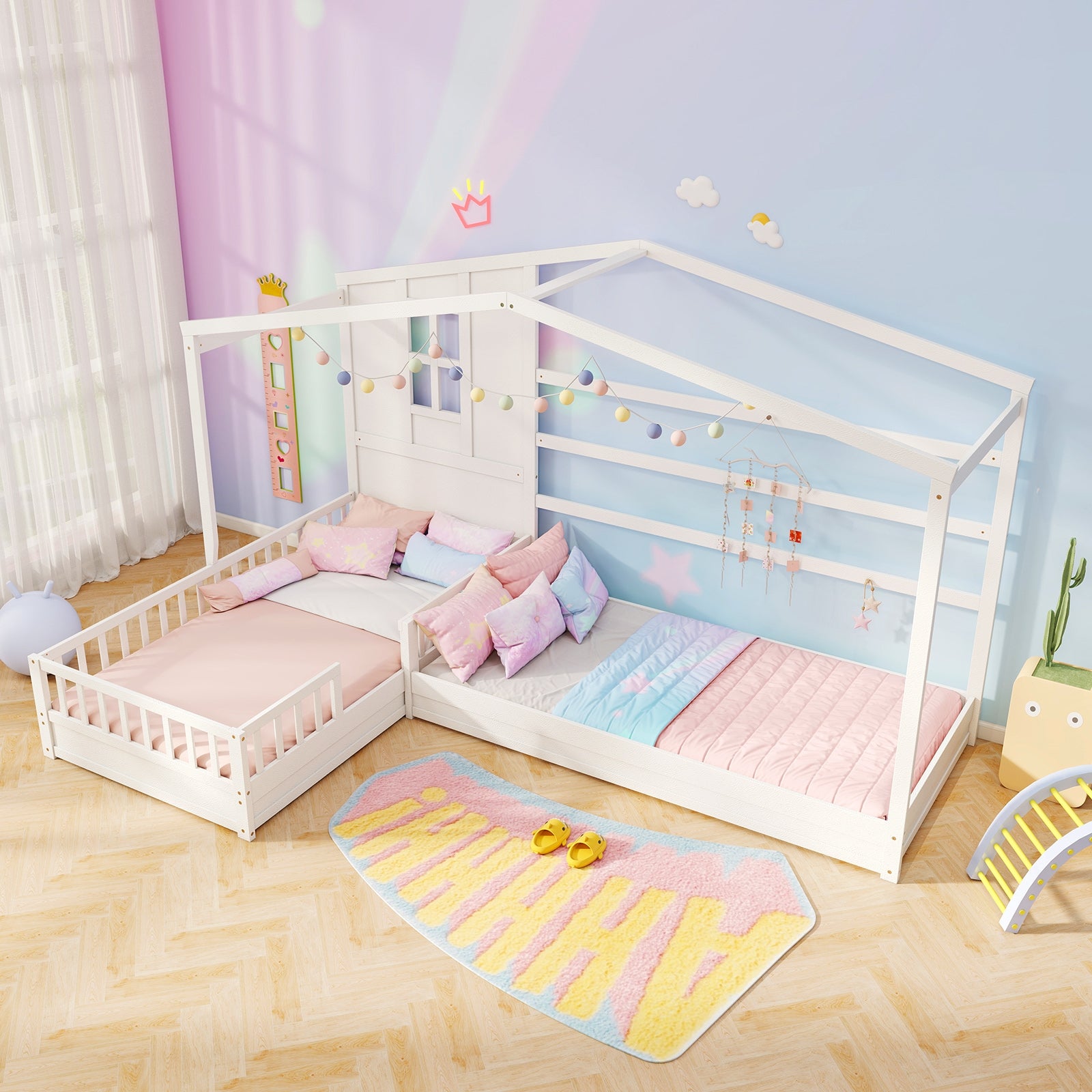 L-Shaped Double Twin Beds, With Fences Corner Bed Frame, White Simple Bed Frame at Gallery Canada