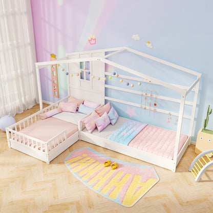 L-Shaped Double Twin Beds, With Fences Corner Bed Frame, White Simple Bed Frame at Gallery Canada