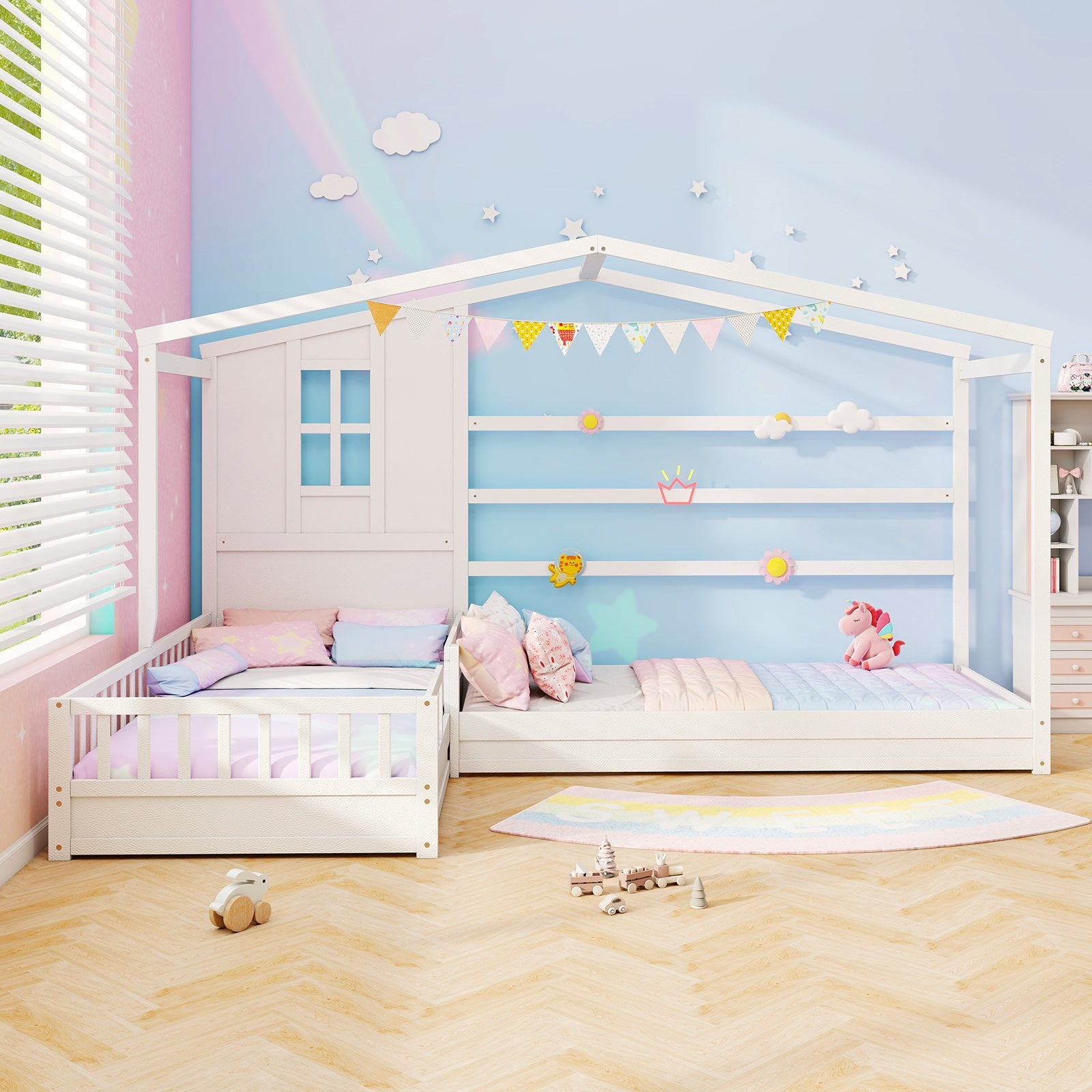 L-Shaped Double Twin Beds, With Fences Corner Bed Frame, White Simple Bed Frame at Gallery Canada