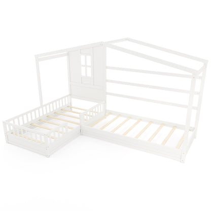 L-Shaped Double Twin Beds, With Fences Corner Bed Frame, White Simple Bed Frame at Gallery Canada