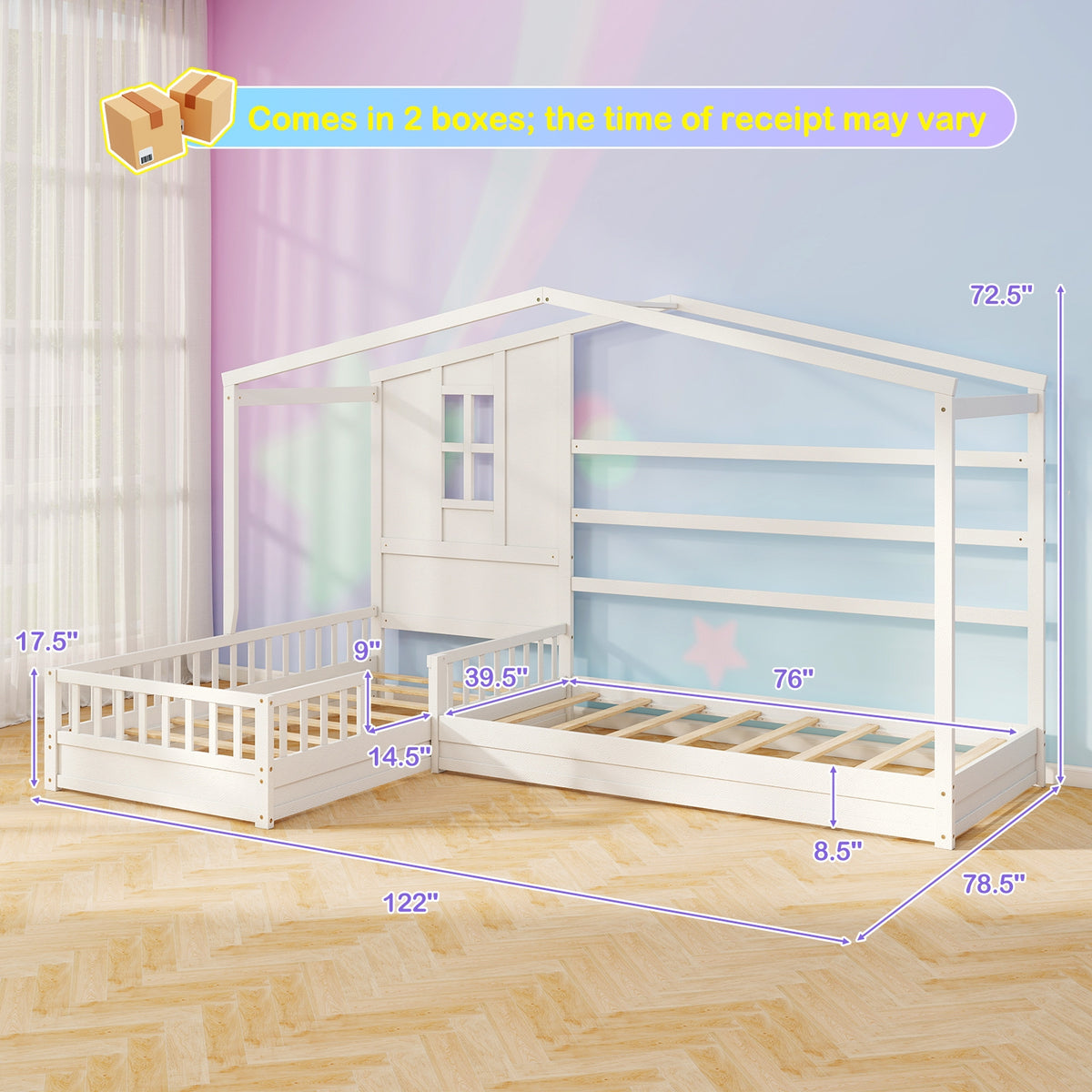 L-Shaped Double Twin Beds, With Fences Corner Bed Frame, White Simple Bed Frame at Gallery Canada