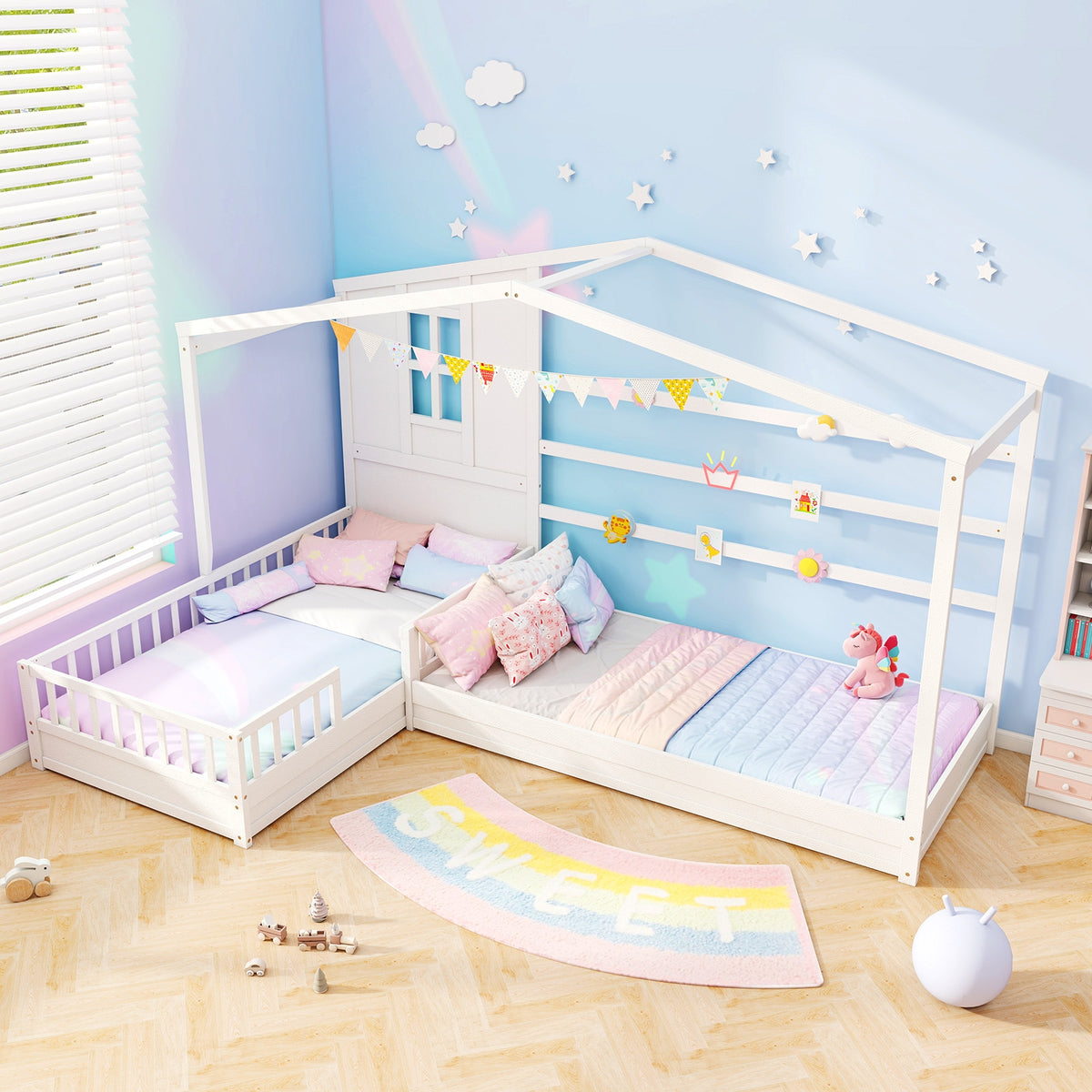 L-Shaped Double Twin Beds, With Fences Corner Bed Frame, White Simple Bed Frame at Gallery Canada
