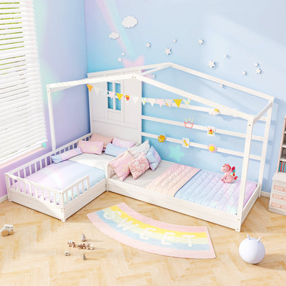 L-Shaped Double Twin Beds, With Fences Corner Bed Frame, White Simple Bed Frame at Gallery Canada