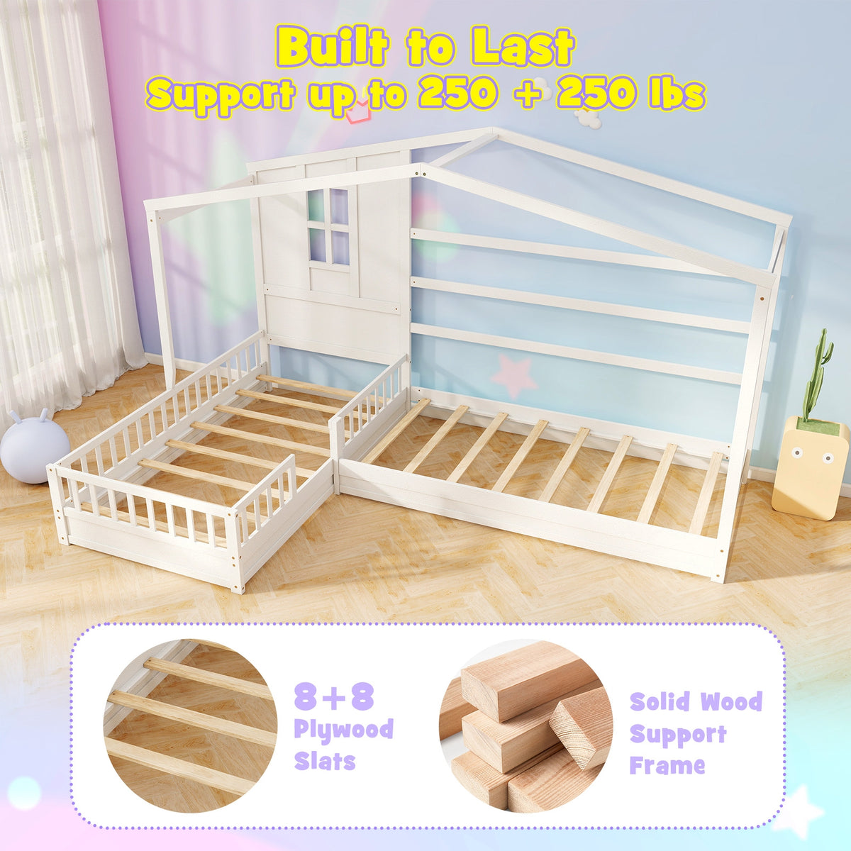 L-Shaped Double Twin Beds, With Fences Corner Bed Frame, White Simple Bed Frame at Gallery Canada