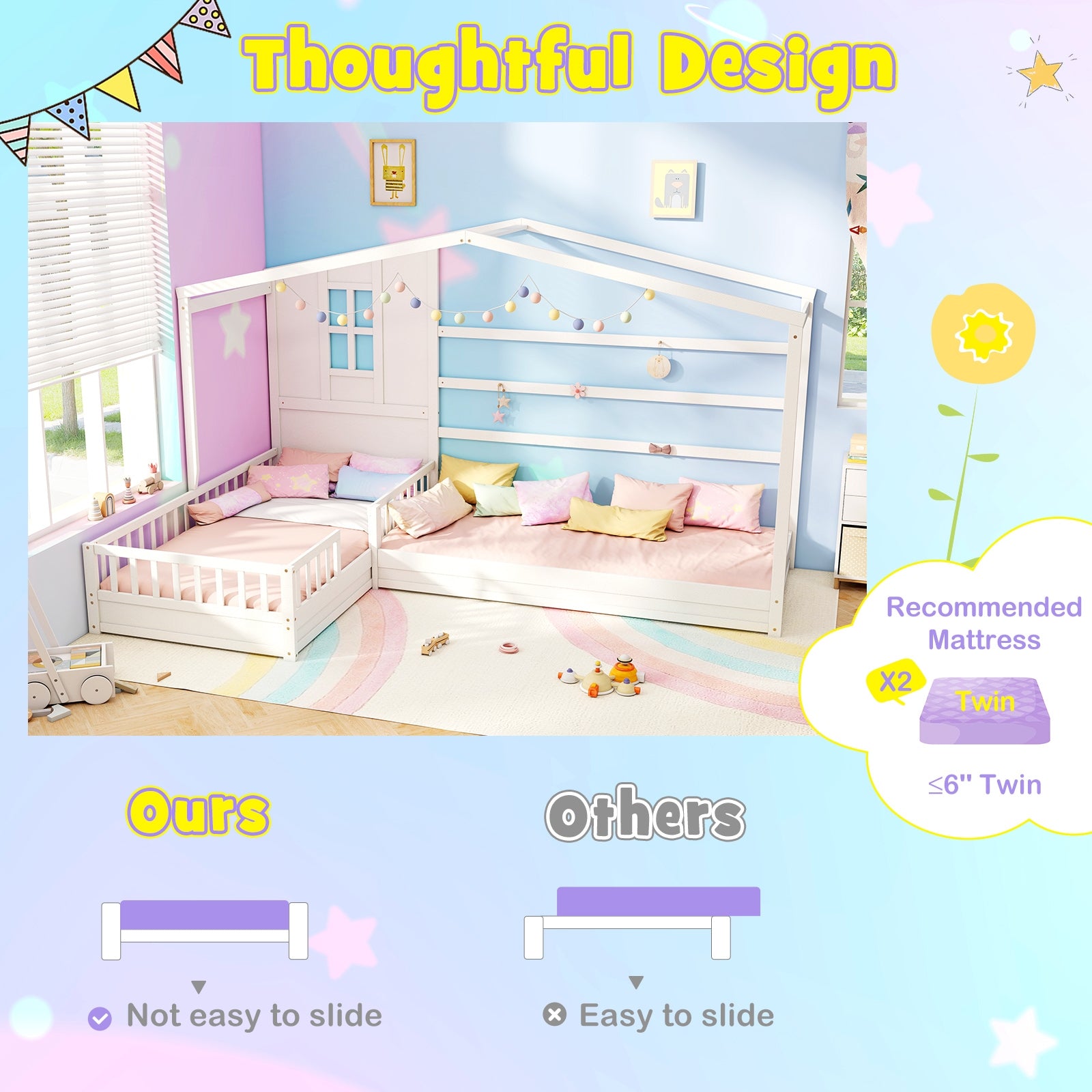 L-Shaped Double Twin Beds, With Fences Corner Bed Frame, White Simple Bed Frame at Gallery Canada