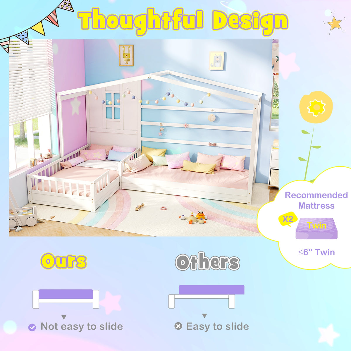 L-Shaped Double Twin Beds, With Fences Corner Bed Frame, White Simple Bed Frame at Gallery Canada