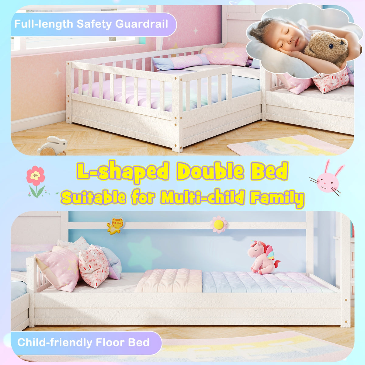 L-Shaped Double Twin Beds, With Fences Corner Bed Frame, White Simple Bed Frame at Gallery Canada