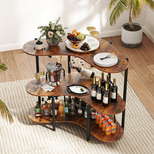 3-Tier Liquor Bar Table With Stemware Racks, Storage Shelves, Rustic Brown