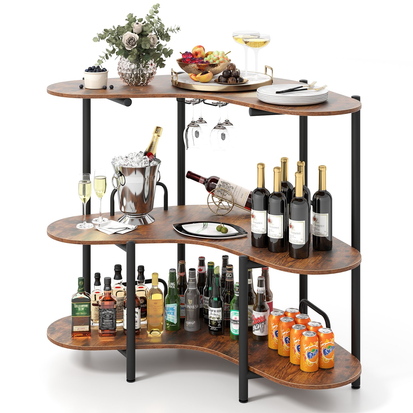 3-Tier Liquor Bar Table With Stemware Racks, Storage Shelves, Rustic Brown Bar Tables at Gallery Canada