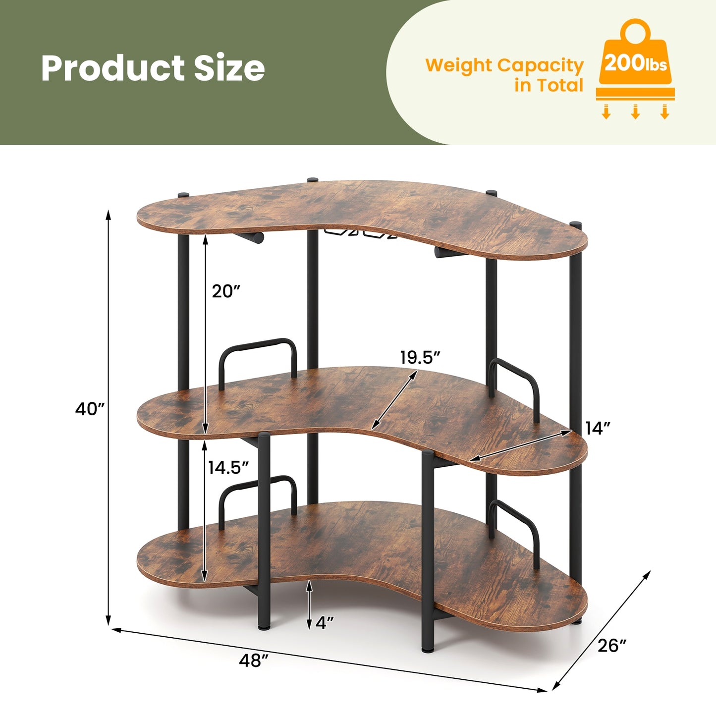 3-Tier Liquor Bar Table With Stemware Racks, Storage Shelves, Rustic Brown Bar Tables at Gallery Canada