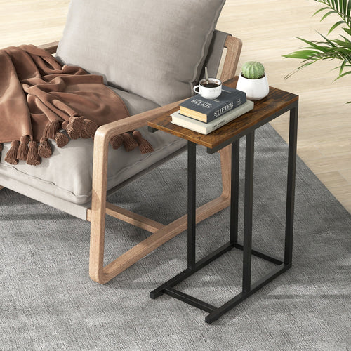 C-Shaped Side Table, Heavy-Duty Metal Frame, Rustic Brown