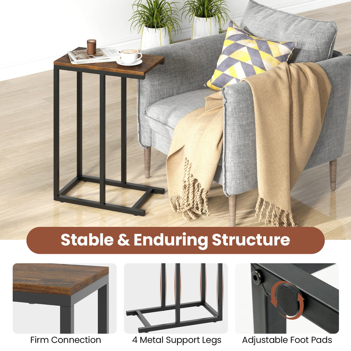 C-Shaped Side Table, Heavy-Duty Metal Frame, Rustic Brown End & Side Tables at Gallery Canada