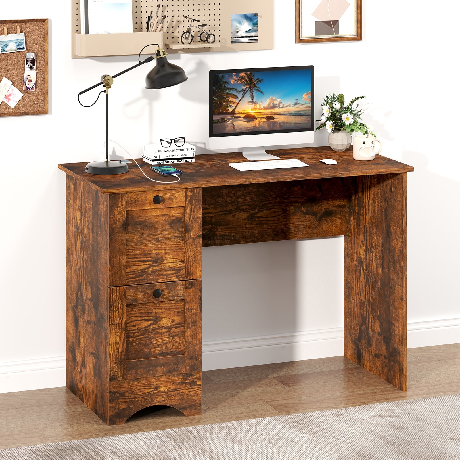 Wooden Computer Desk With 3 Drawers, Rustic Brown Computer Desks at Gallery Canada