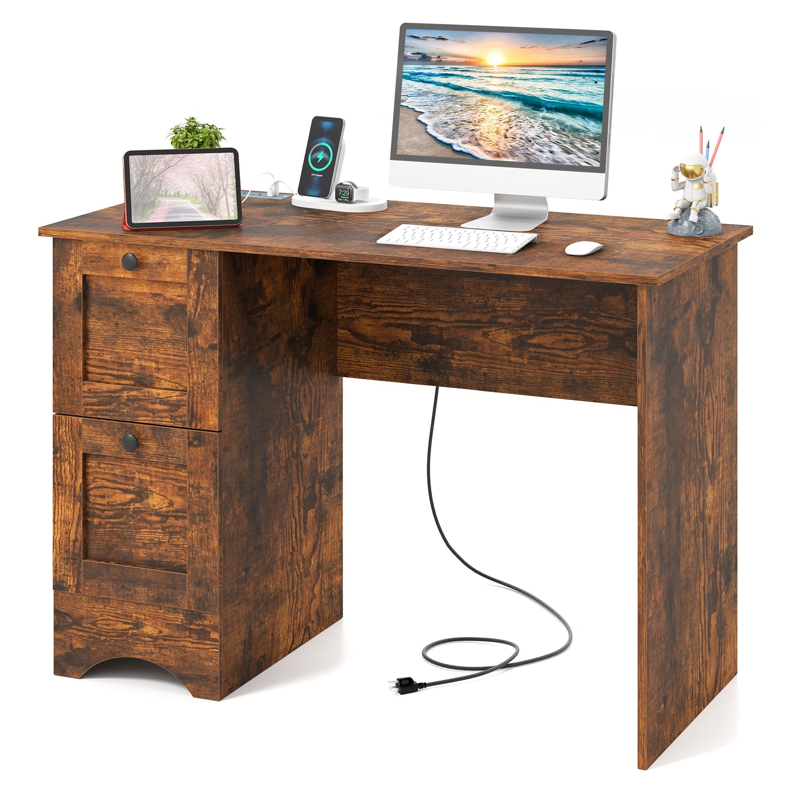 Wooden Computer Desk With 3 Drawers, Rustic Brown Computer Desks at Gallery Canada
